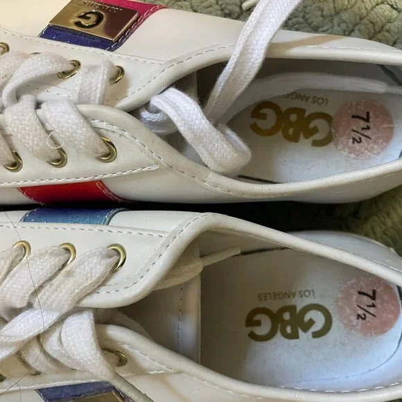G by Guess Women White Lace Up Glitter on Stripe Sneakers Casual Shoes Size 7.5 - Picture 6 of 12